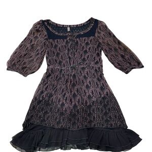 Free People Black & Pink Floral Boho Mini Dress, Lace Trim & Ruffles Size XS